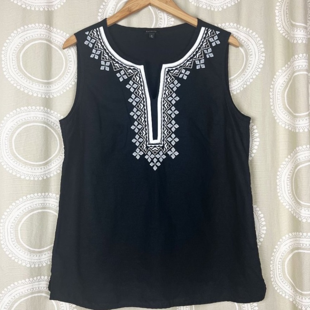 Talbots Black and White Embroidered Blouse
